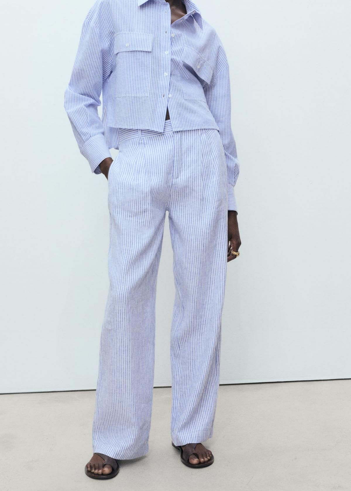 망고 린넨 스트라이프 와이드 팬츠 87058259 AZUL - 상품 이미지