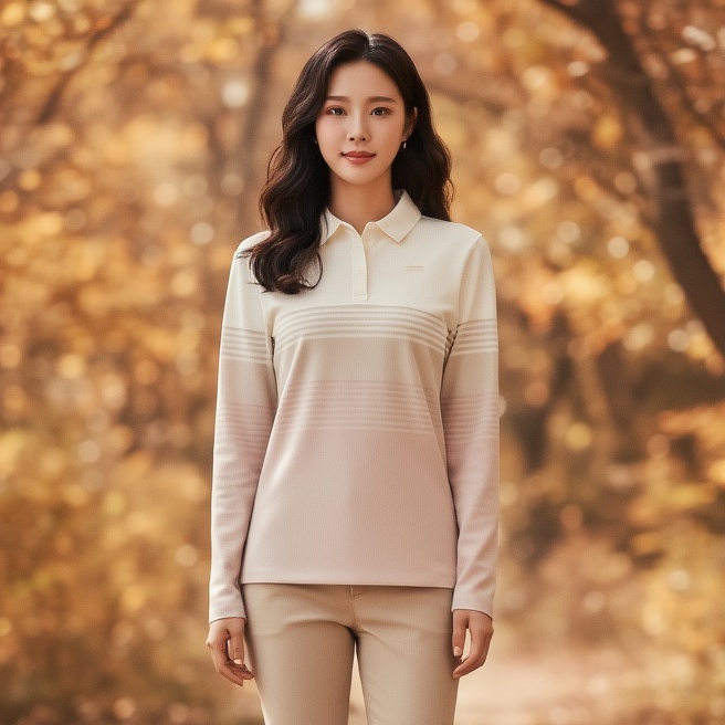 네파 여성 가을 라이프스타일 아웃도어 스트라이프 기모 카라 등산티셔츠 - 메인 이미지