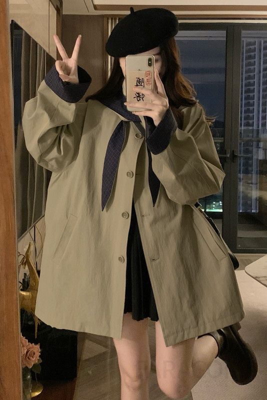 여성 빅사이즈 세일러 카라 탈부착 후드 트렌치 코트 바람막이 자켓 캐주얼 루즈핏 아우터 봄 가을 이미지 6