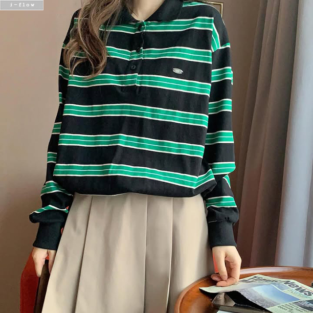 포네 루즈핏 카라넥 단가라 럭비 맨투맨 5color 봄 가을 스트라이프 하프 제이플로우 이미지 6