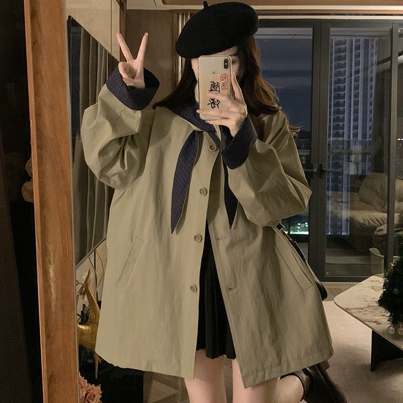 여성 빅사이즈 후드 탈부착 체크 배색 와이드 소매 루즈핏 카라 트렌치코트 간절기 바람막이 오버핏 아우터 가을 - 상세 이미지 5