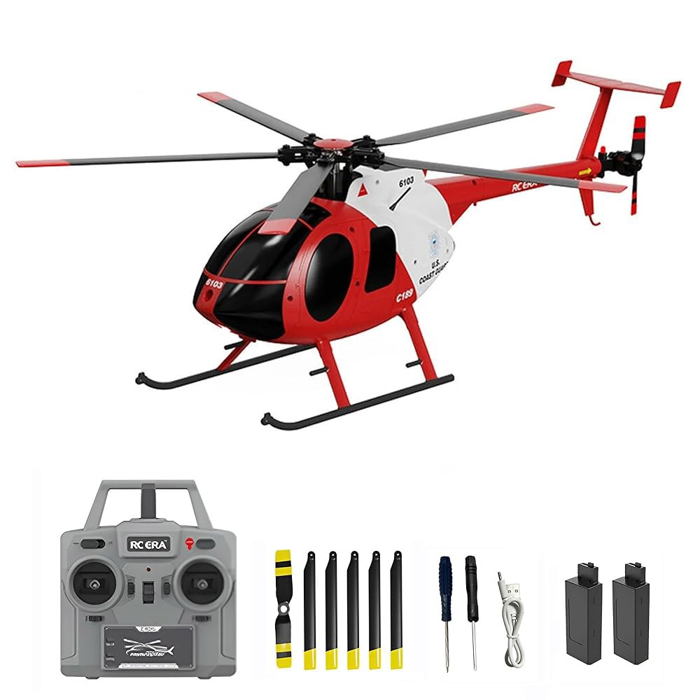 도도어 원격 제어 헬리콥터, C189 MD500 RC 헬리콥터 모델, 6축 자이로 및 브러시리스 모터가 장착된 1/28 스케일 4CH 단일 로터 2.4GHz 항공기, 배터리 2개( - 상품 이미지