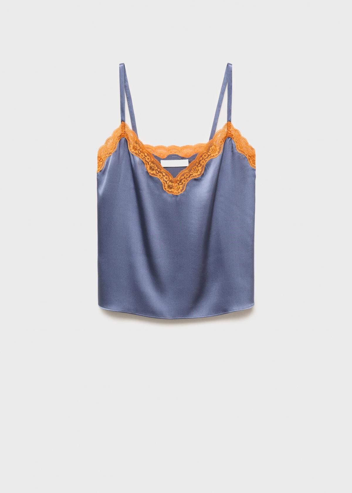 망고 실크 레이스 배색 브이넥 캐미솔 17064110 AZUL TINTA - 상품 이미지