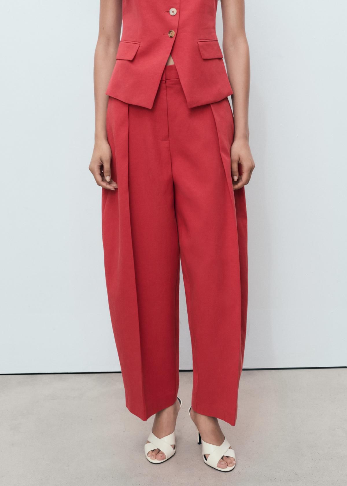 망고 레드 린넨 블렌드 테일러드 벌룬 슬랙스 팬츠 17031206 CEREZA - 상품 이미지