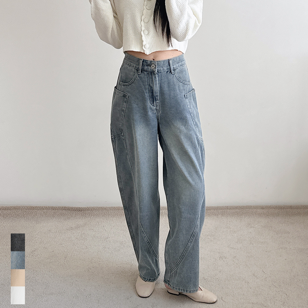 여성 커브드 와이드 청바지 하이웨스트 키작녀 벌룬 팬츠 블랙 블루 베이지 아이보리 빅사이즈 - 상품 이미지