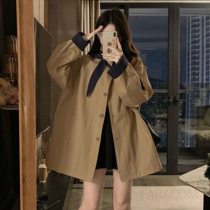 여성 빅사이즈 세일러 카라 탈부착 후드 트렌치 코트 바람막이 자켓 캐주얼 루즈핏 아우터 봄 가을 - 상세 이미지 4