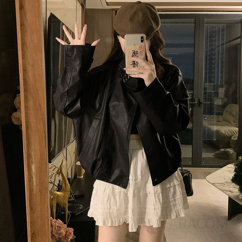 여성 빅사이즈 스탠카라 레더자켓 루즈핏 크롭 아우터 데일리 캐주얼 시크 패션 인조가죽 점퍼 봄 가을 - 상세 이미지 5