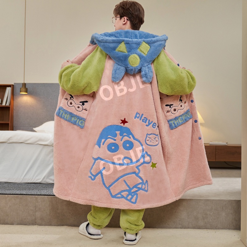 오브제 따뜻한 양털 플리스 파자마 로브 가운 팬츠 세트 커플 겨울 수면 잠옷 - 상세 이미지 3