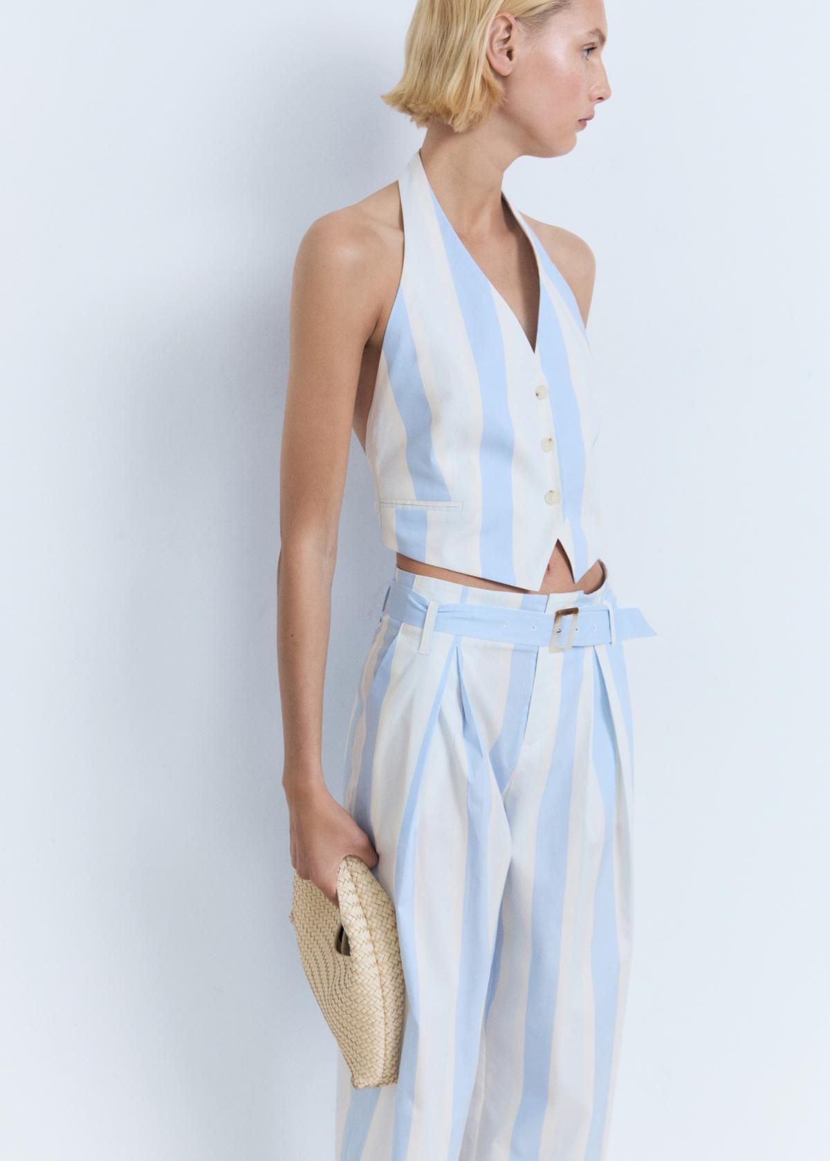 망고 스트라이프 와이드핏 코튼 벨트 큐롯 팬츠 17031156 AZUL CELESTE - 상세 이미지 4