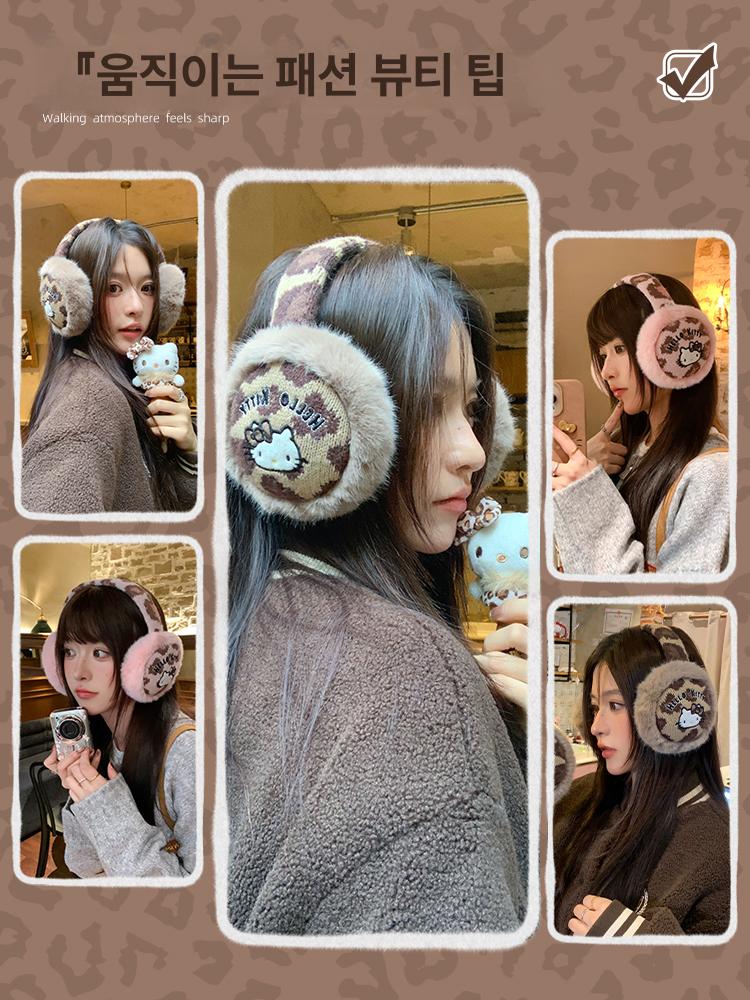 헬로키티 레오파드 귀마개 귀여운 이어머프 겨울 사이클링 귀 보호 따뜻한 겨울 방한 용품 산리오 - 상세 이미지 5