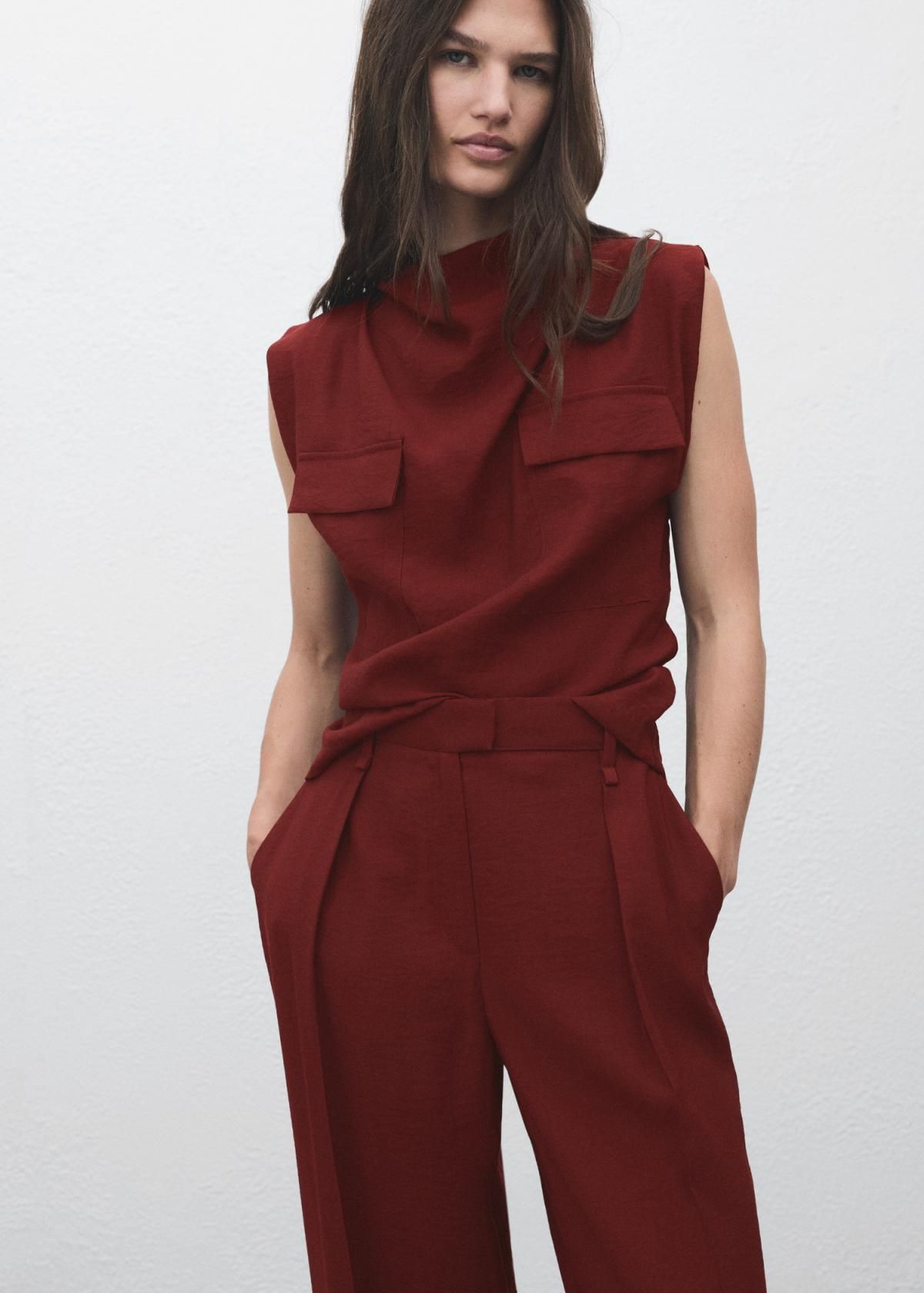 망고 버건디 하이웨이스트 테일러드 와이드 슬랙스 팬츠 17054143 ROJO MEDIO - 상세 이미지 4