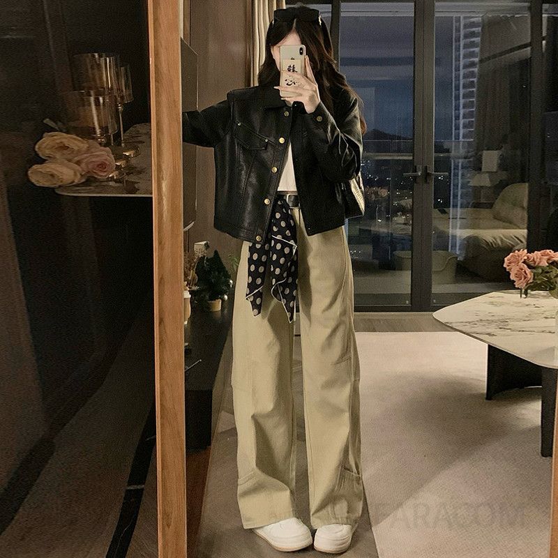 여성 빅사이즈 시크한 금장 버튼 카라 레더 자켓 크롭 인조가죽 점퍼 루즈핏 데일리 오버핏 아우터 봄 가을 - 상세 이미지 3