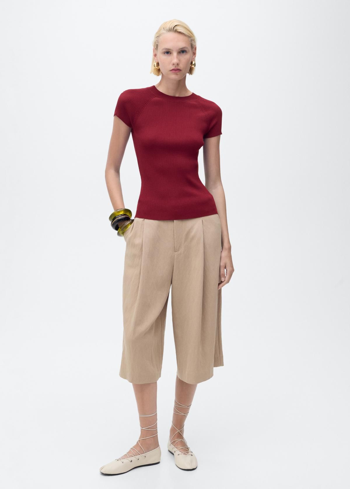 망고 리브드 슬림핏 라운드넥 반팔 티셔츠 17094097 ROJO - 상세 이미지 3