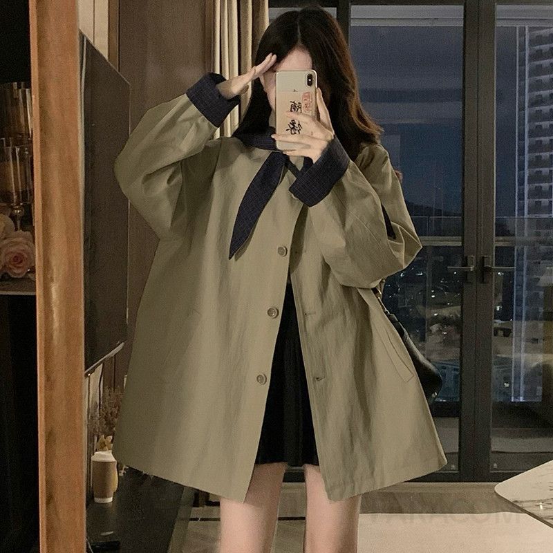 여성 빅사이즈 후드 탈부착 체크 배색 와이드 소매 루즈핏 카라 트렌치코트 간절기 바람막이 오버핏 아우터 가을 - 상품 이미지