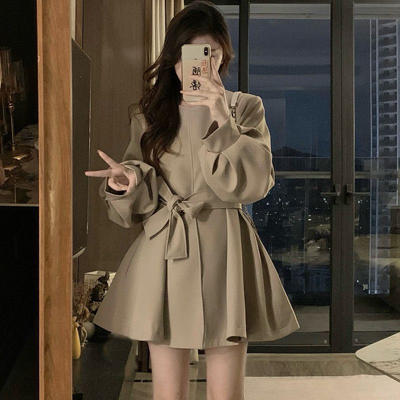여성 빅사이즈 라운드넥 벨티드 플레어 자켓 원피스 퍼프소매 A라인 코트 하객룩 오피스룩 봄 가을 - 상세 이미지 2