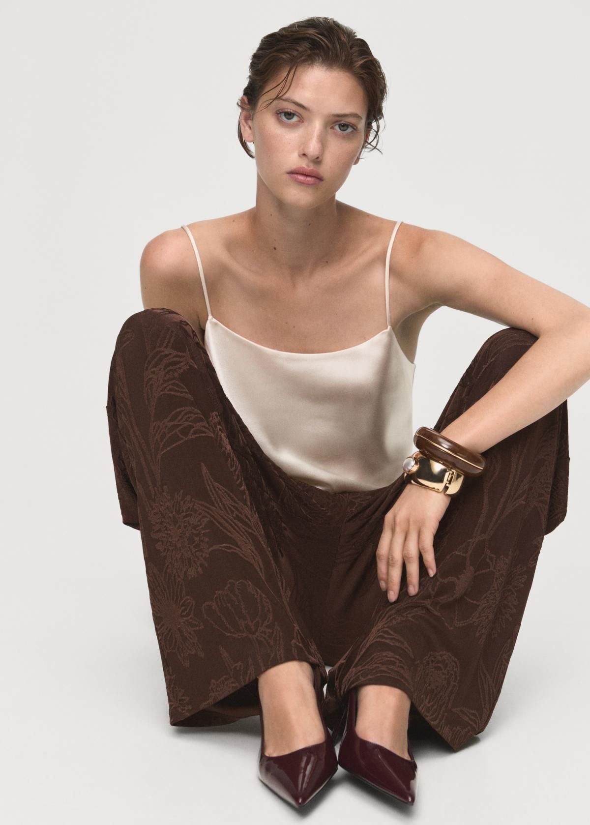 망고 플로럴 자카드 와이드 팬츠 17055828 MARRON - 상세 이미지 5