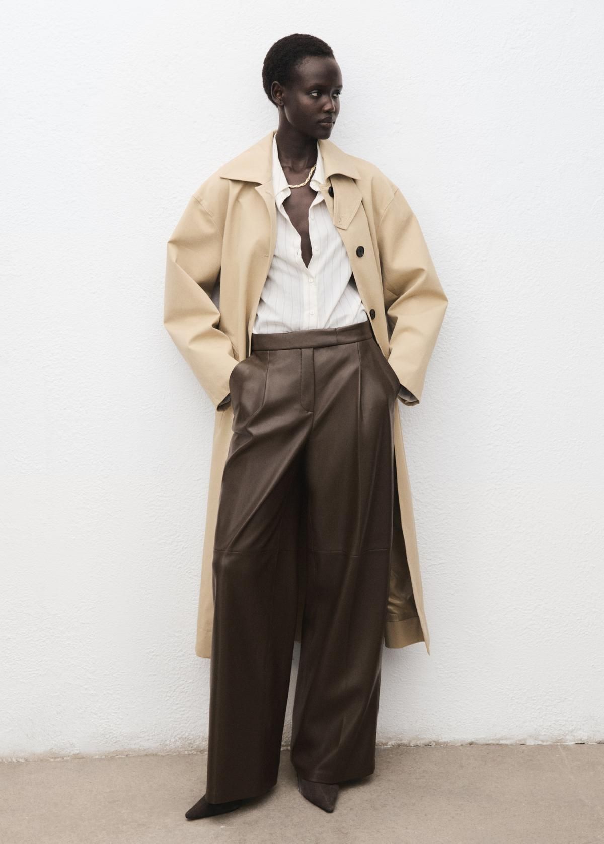 망고 에코 레더 와이드 팬츠 17085976 KHAKI - 상세 이미지 2