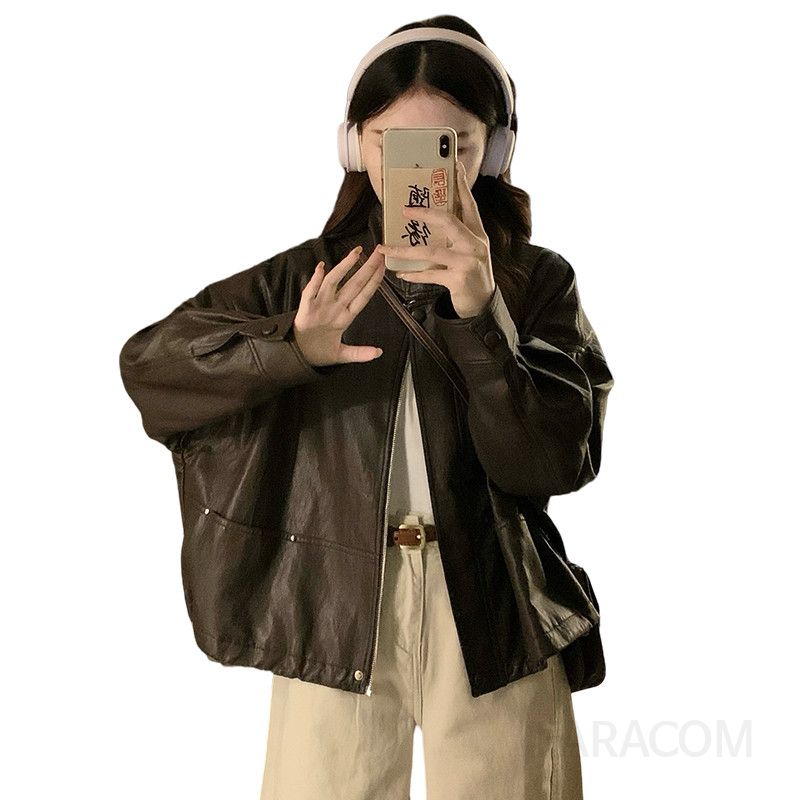 여성 빅사이즈 스탠드넥 빈티지 레더 자켓 오버핏 크롭 루즈핏 간절기 가을 아우터 점퍼 - 상세 이미지 5