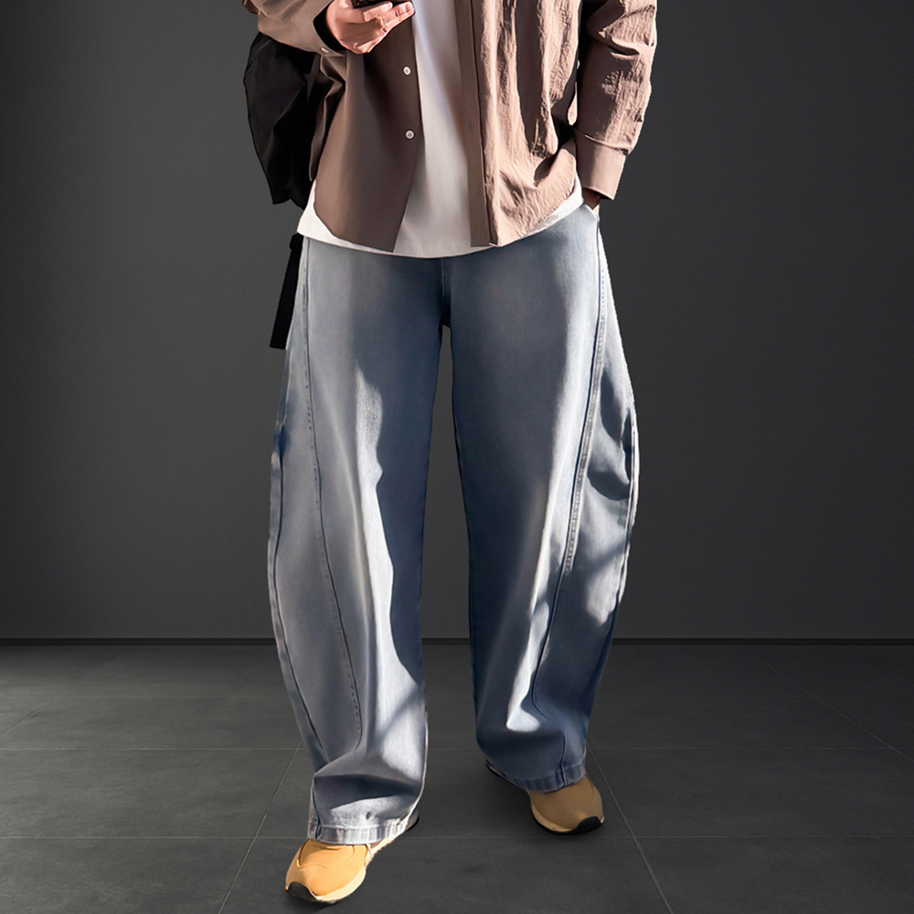 남자연청바지 커브드 벌룬핏 데님 와이드 청바지 - 메인 이미지
