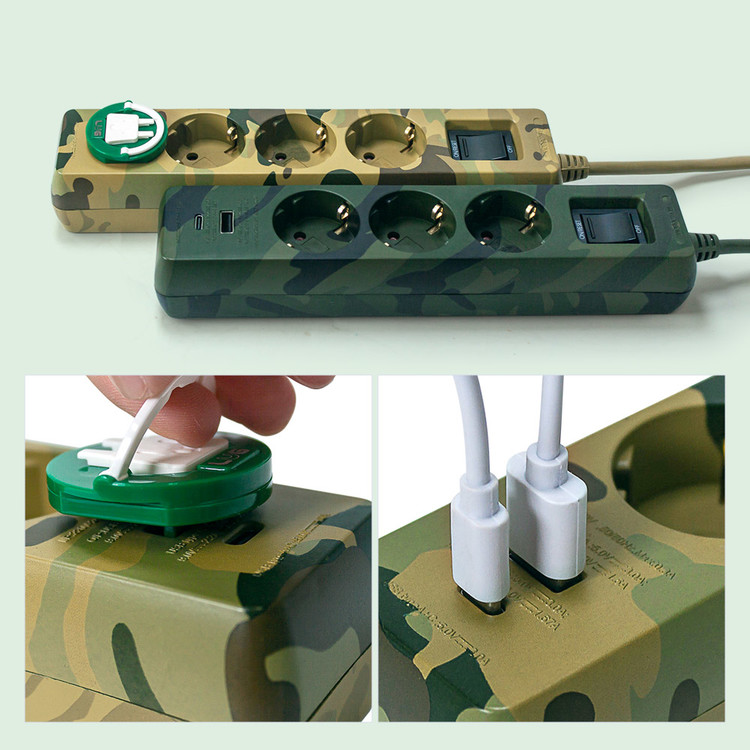 러그박스 납작멀티탭 플러그 고용량 멀티콘센트 3구 C타입 USB 1.5m 카모 밀리터리 - 상세 이미지 5