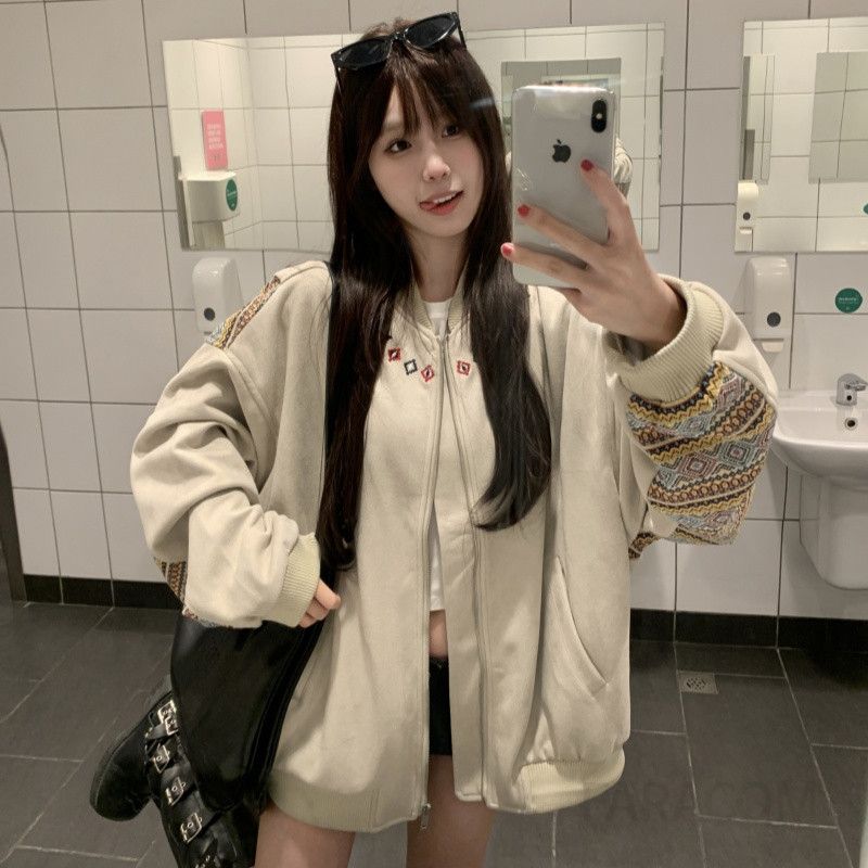 가을 간절기 여성 에스닉 스타일 루즈핏 리본 자켓 트렌디한 디자인 편안한 착용감 모던한 분위기 패션 점퍼 - 메인 이미지