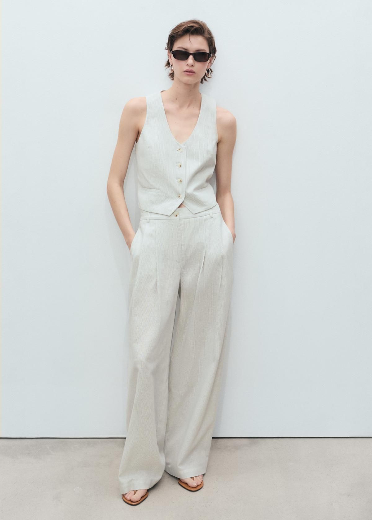 망고 린넨혼방 스트라이프 테일러드 와이드 슬랙스 팬츠 87038267 CRUDO - 상세 이미지 2