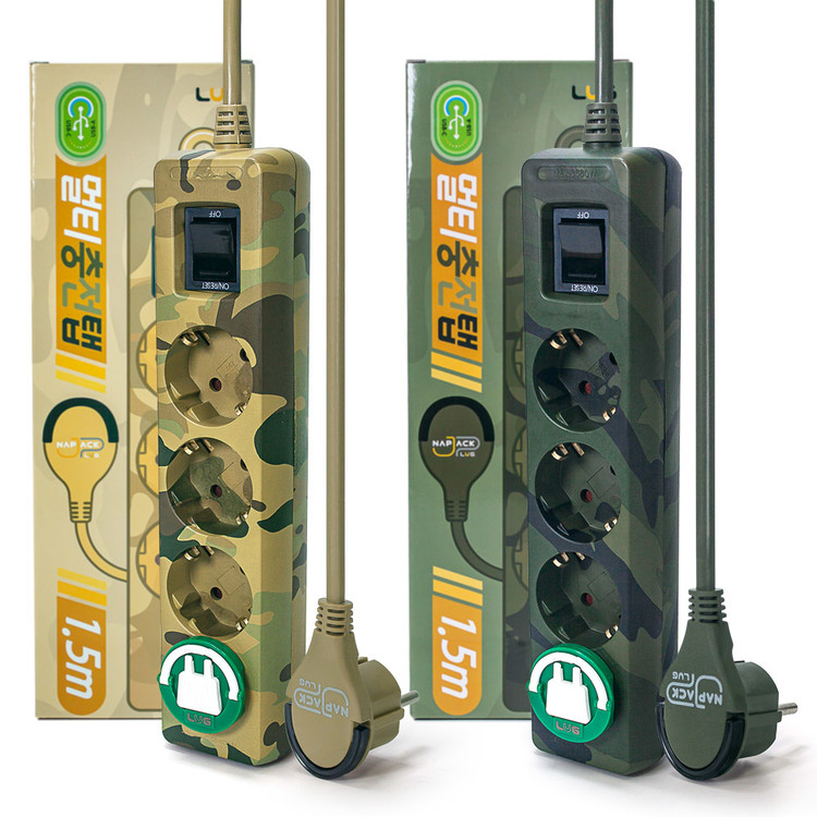 러그박스 납작멀티탭 플러그 고용량 멀티콘센트 3구 C타입 USB 1.5m 카모 밀리터리 - 상세 이미지 2