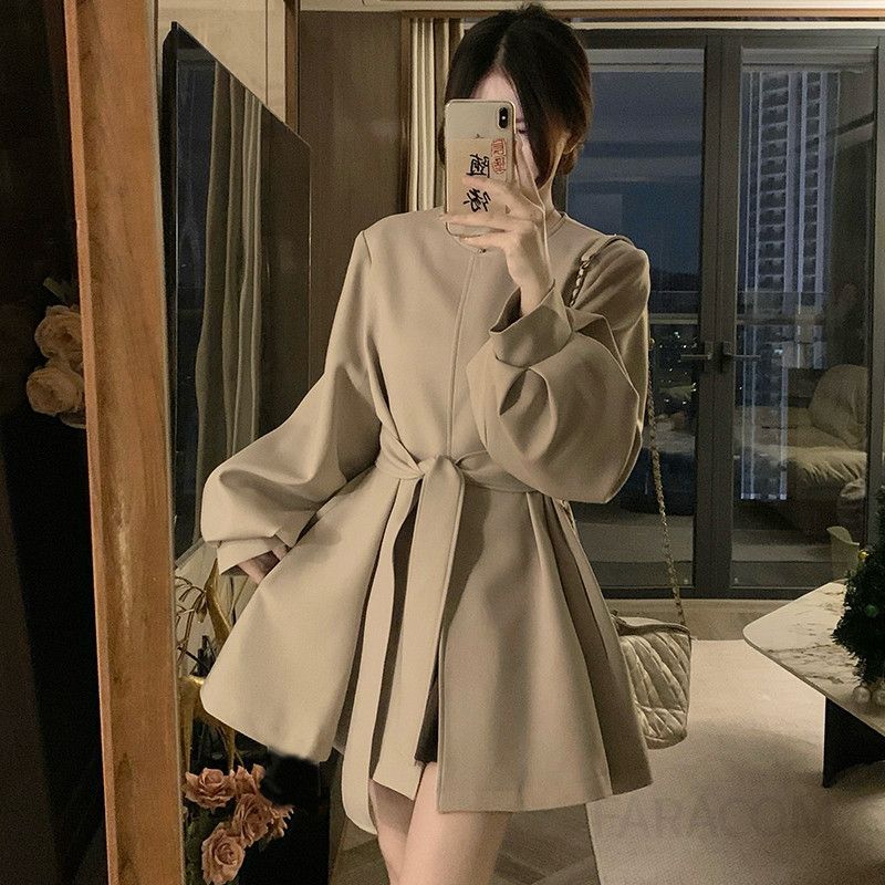 여성 빅사이즈 라운드넥 벨티드 플레어 자켓 원피스 퍼프소매 A라인 코트 하객룩 오피스룩 봄 가을 - 메인 이미지