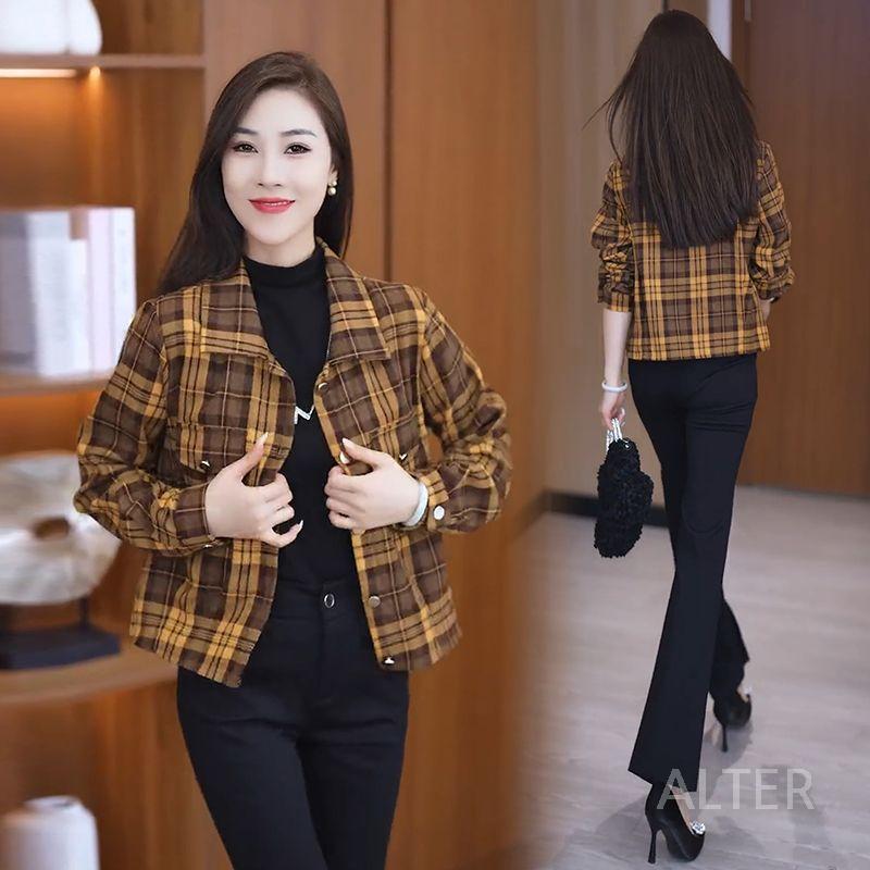 여성 블라우스 크롭 체크 셔츠 숏 남방 자켓 다크그린 브라운 M 40-50kg - 상세 이미지 4