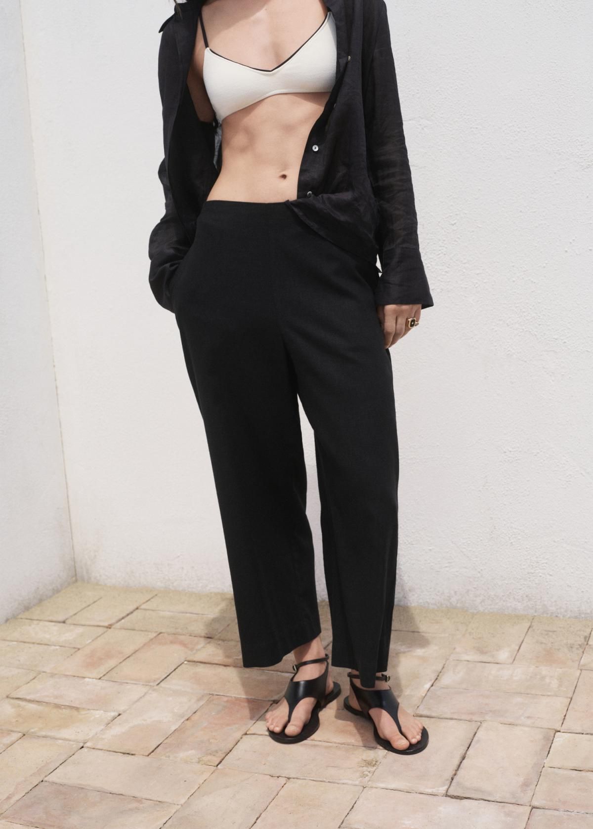 망고 린넨 블렌드 와이드 크롭 팬츠 밴딩 포켓 17081253 NEGRO - 상품 이미지