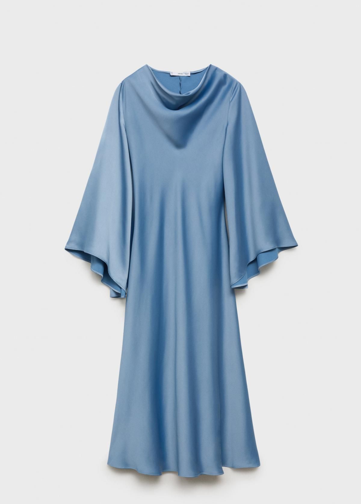 망고 새틴 플레어 롱 원피스 드레이프넥 롱슬리브 17011269 AZUL - 상품 이미지
