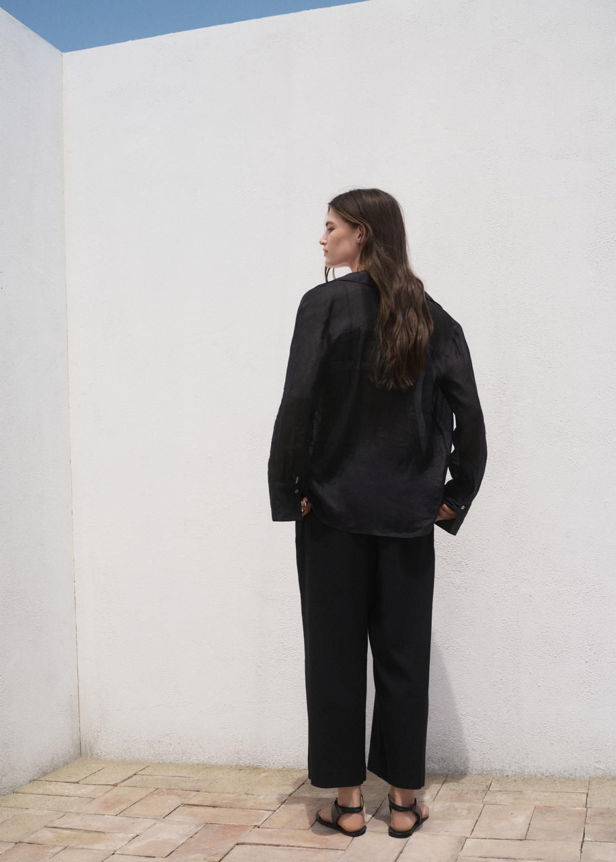 망고 린넨 블렌드 와이드 크롭 팬츠 밴딩 포켓 17081253 NEGRO - 상세 이미지 3