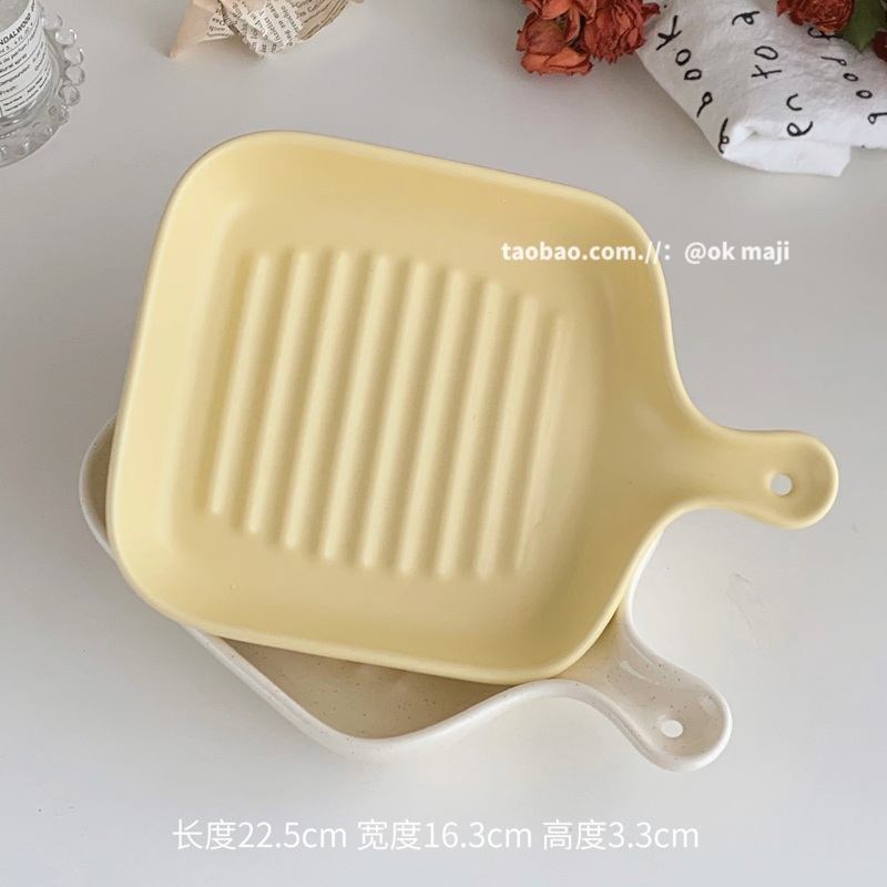 손잡이있는앞접시 예쁜 손잡이 오븐그릇 라자냐 도자기 식기 만두 식기 과일 아침 접시  노랑 - 상품 이미지