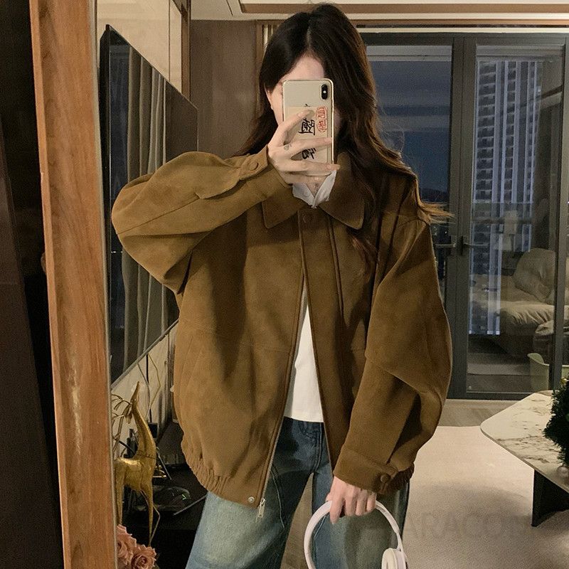 여성 오버핏 루즈핏 차이나 카라 집업 스웨이드 자켓 점퍼 밴딩 밑단 데일리룩 빅사이즈 봄 가을 캐주얼 아우터 - 상세 이미지 4