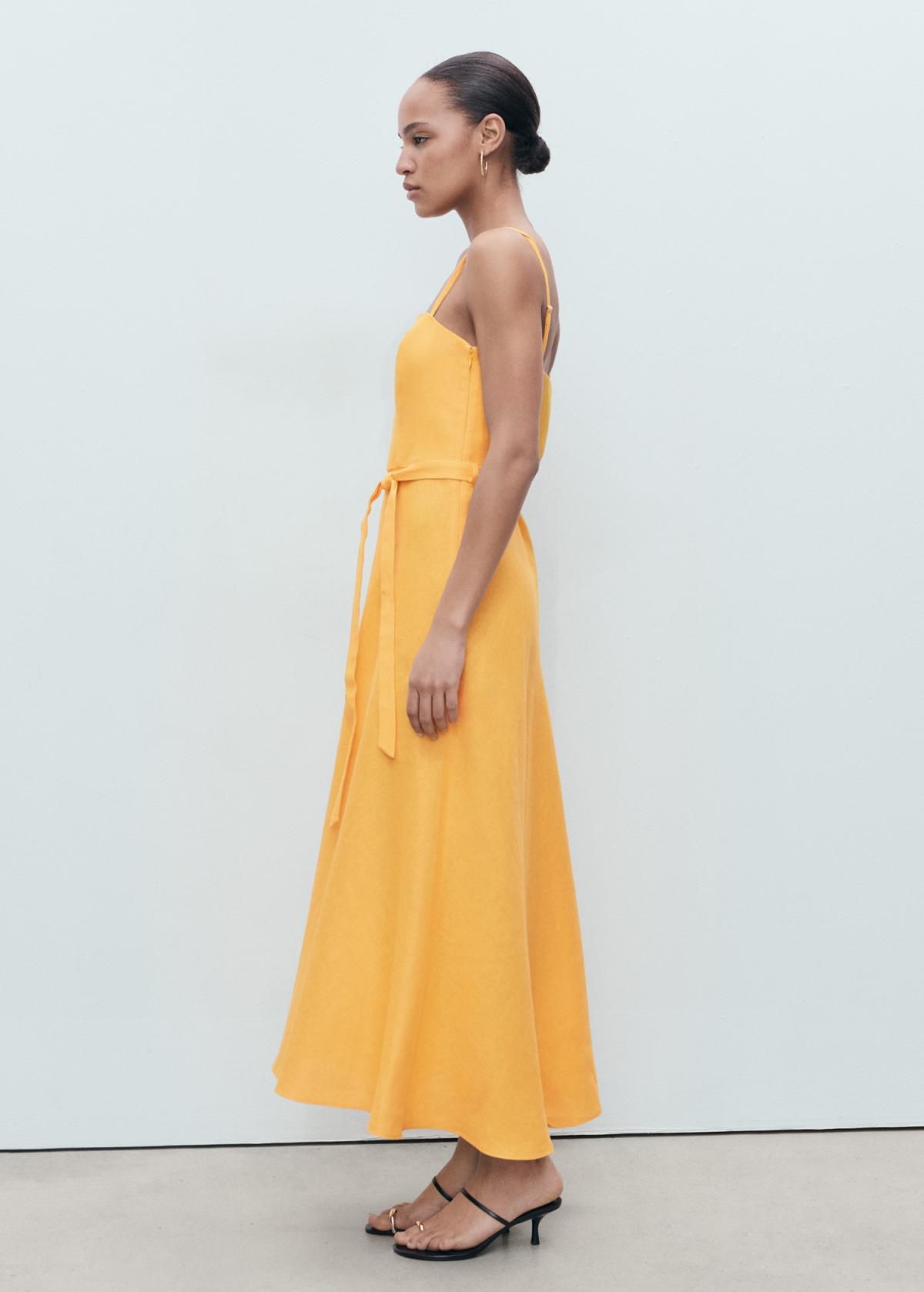 망고 오렌지 리넨 스트랩 타이 벨트 롱 플레어 원피스 17081135 NARANJA - 상세 이미지 3