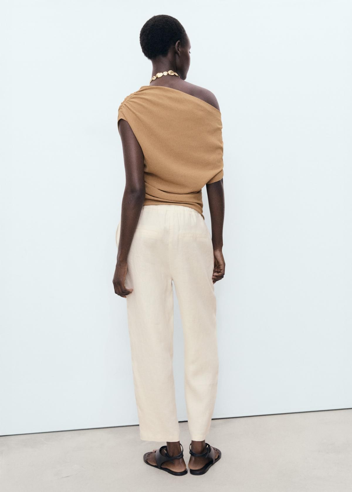 망고 린넨 하이웨이스트 밴딩 와이드 팬츠 17091162 GRIS CLARO/PASTEL - 상세 이미지 4