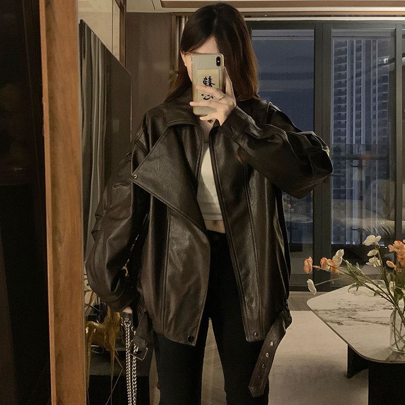 가을 여성 라이더 가죽자켓 트렌디한 스탠드 칼라 PU 소재로 스타일리시한 빈티지 무드 데일리 자켓 - 상세 이미지 4