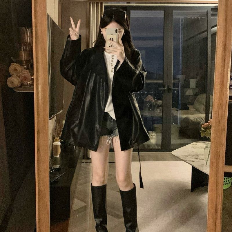 여성용 가을 블랙 레더 라이더자켓 중간 길이 가죽자켓 출근룩 하객룩 매칭 가능한 트렌디한 디자인 - 상세 이미지 5