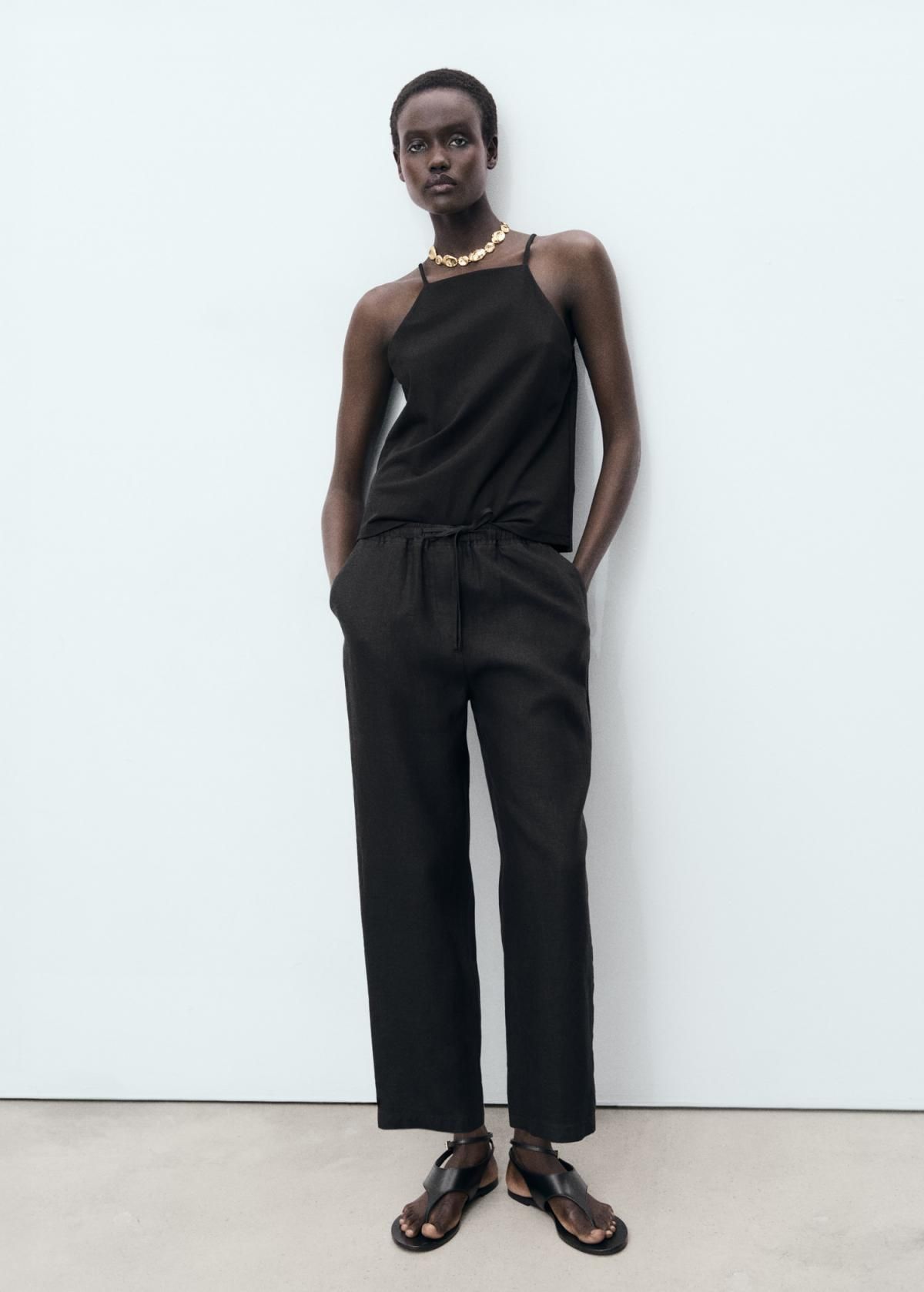 망고 쿨링 린넨 하이웨이스트 밴딩 와이드 팬츠 17091162 NEGRO - 상세 이미지 2