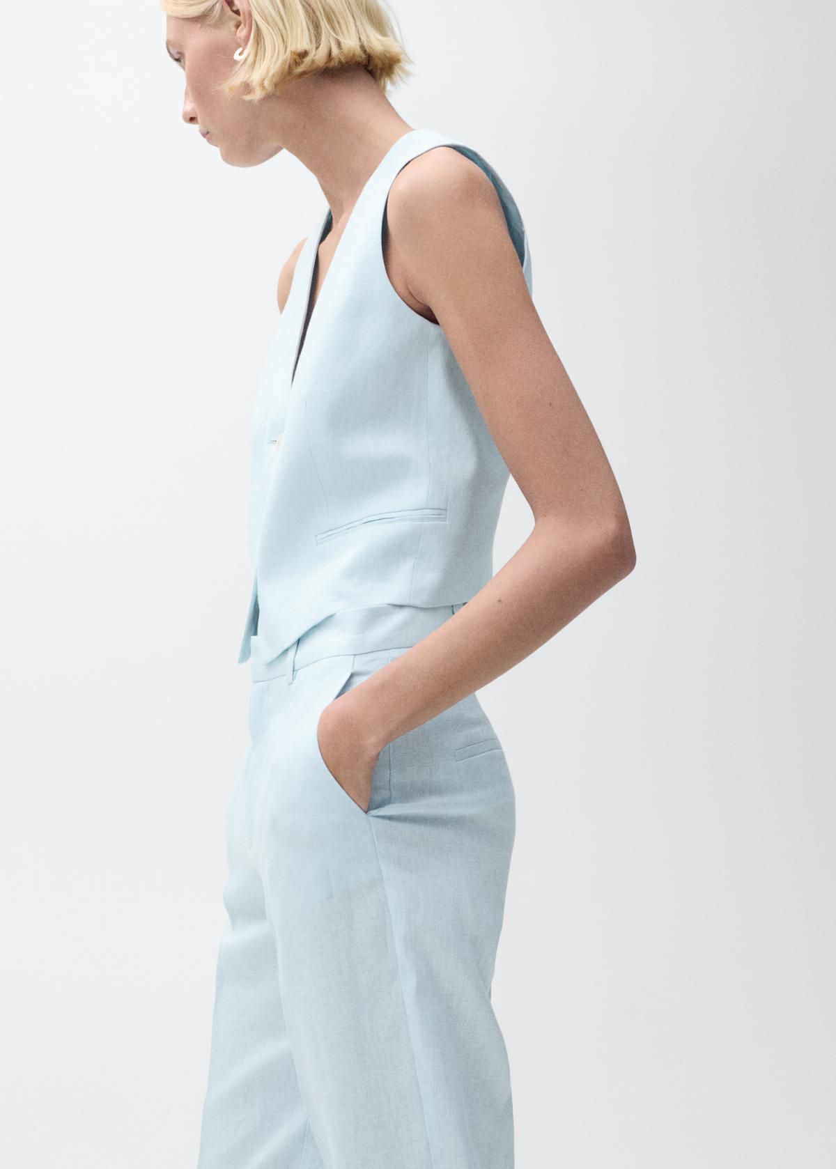 망고 프리미엄 린넨 하이웨이스트 테일러드 슬랙스 팬츠 87087162 AZUL CELESTE - 상세 이미지 4