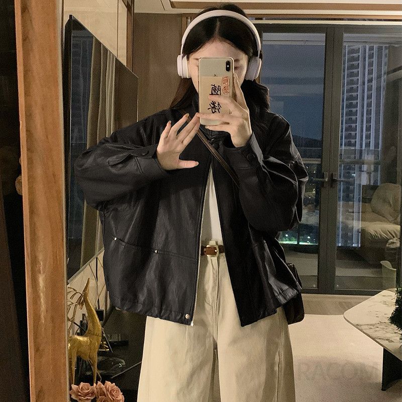 여성 빅사이즈 스탠드넥 빈티지 레더 자켓 오버핏 크롭 루즈핏 간절기 가을 아우터 점퍼 - 상세 이미지 3