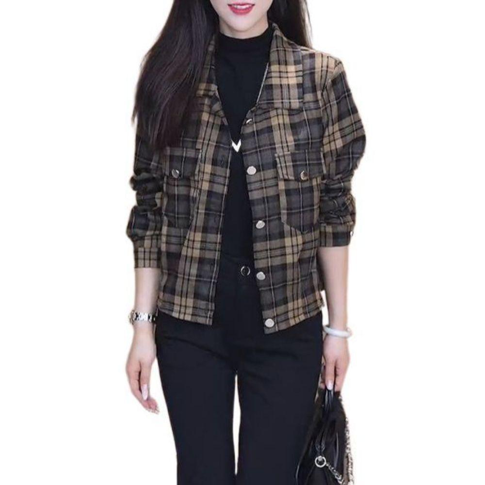 여성 블라우스 크롭 체크 셔츠 숏 남방 자켓 다크그린 브라운 M 40-50kg - 상품 이미지