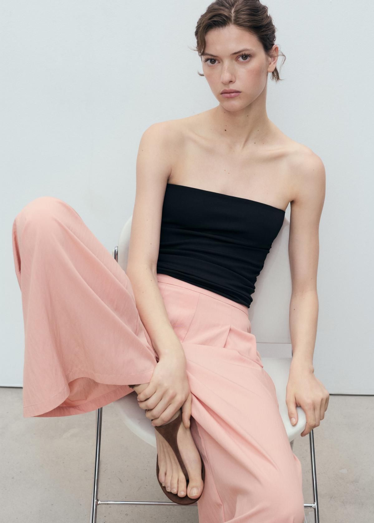 망고 페미닌 크롭 팔라조 와이드 팬츠 핀턱 밴딩 17091152 ROSA - 상세 이미지 4