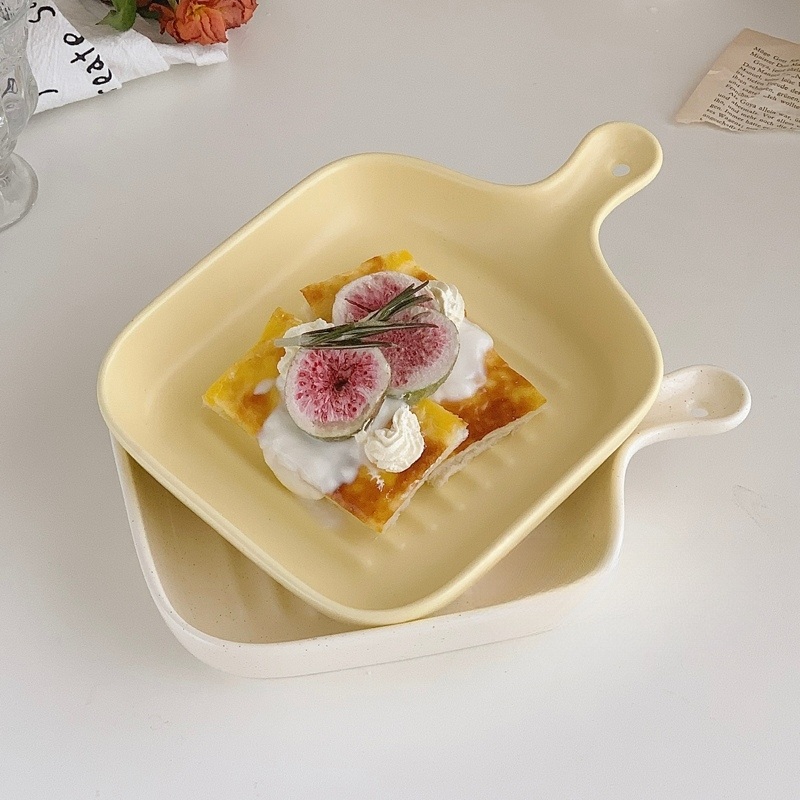 손잡이있는앞접시 예쁜 손잡이 오븐그릇 라자냐 도자기 식기 만두 식기 과일 아침 접시 노랑 - 상세 이미지 4