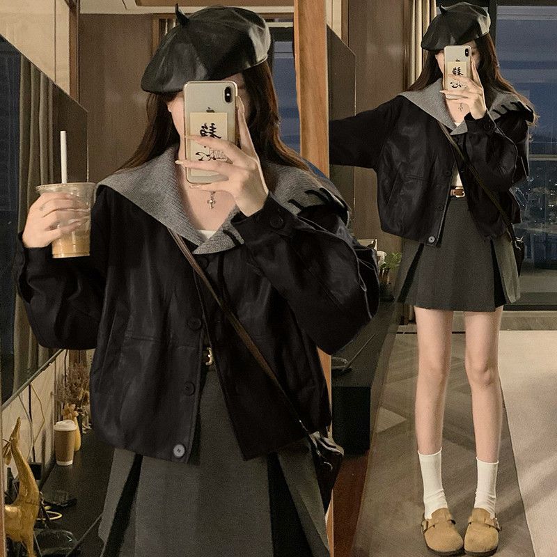 여성 빅사이즈 오버핏 루즈핏 크롭 후드 레더 자켓 점퍼 간절기 데일리 캐주얼 캠퍼스룩 아우터 봄 가을 코디 - 메인 이미지