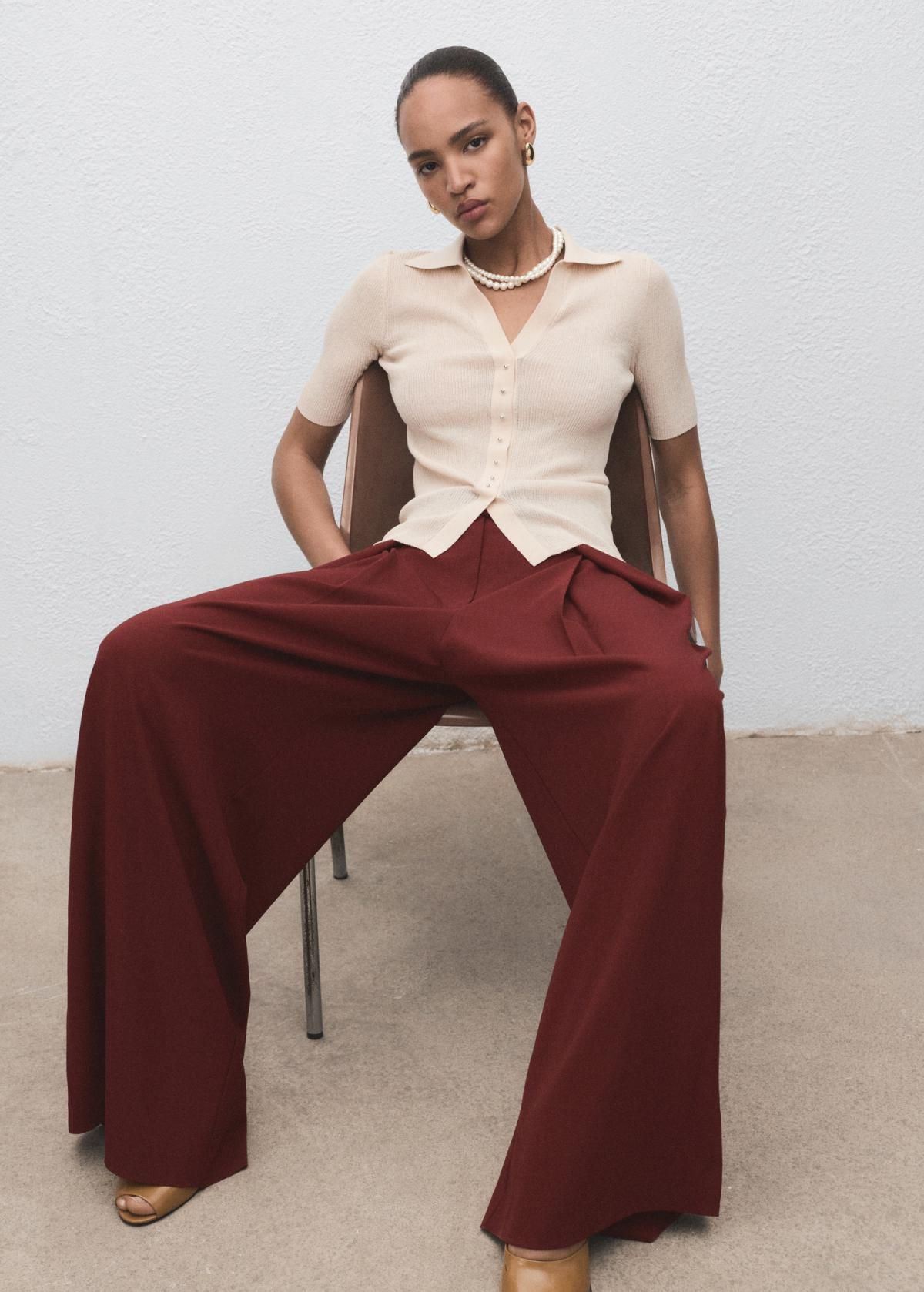 망고 버건디 플리츠 테일러드 와이드 슬랙스 팬츠 17024120 PIMENTON - 상세 이미지 5