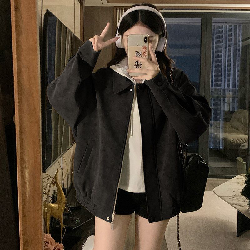 여성 오버핏 루즈핏 차이나 카라 집업 스웨이드 자켓 점퍼 밴딩 밑단 데일리룩 빅사이즈 봄 가을 캐주얼 아우터 - 상세 이미지 2