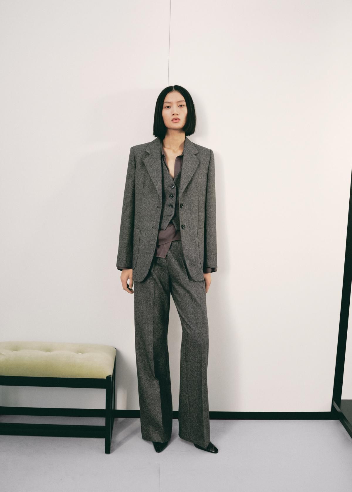 망고 울 블렌드 하이웨이스트 스트레이트 슬랙스 팬츠 17017914 GRIS - 상세 이미지 2