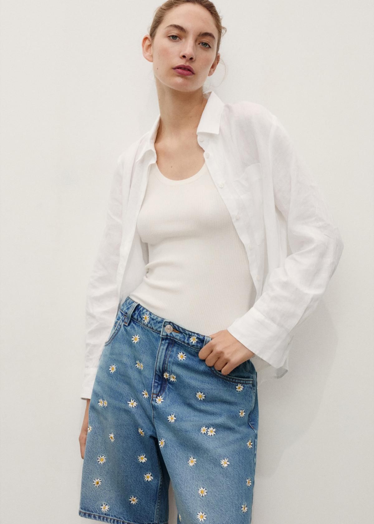 망고 플로럴 자수 데님 버뮤다 팬츠 17081288 AZUL MEDIO - 상세 이미지 2