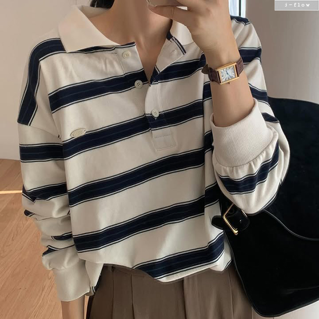 포네 루즈핏 카라넥 단가라 럭비 맨투맨 5color 가을 겨울 스트라이프 하프 제이플로우 - 상세 이미지 5